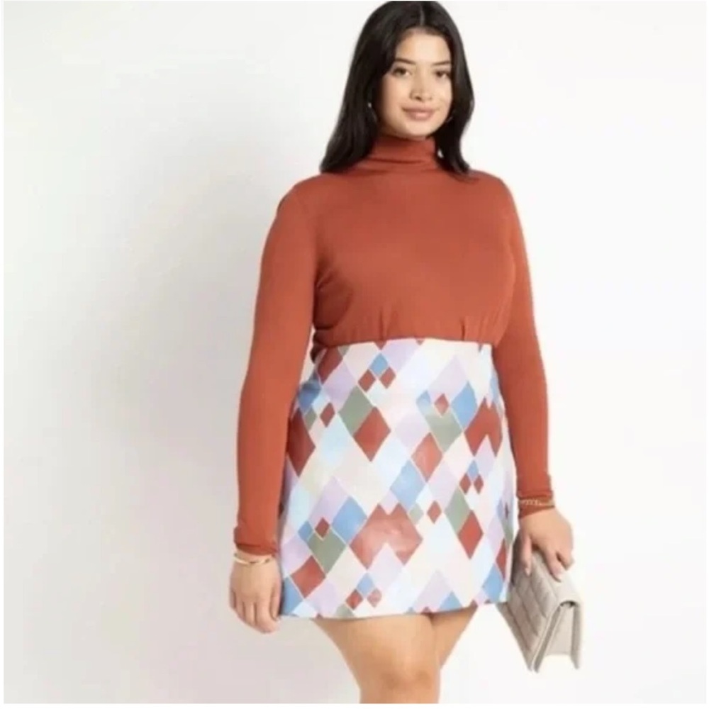 Eloquii Multicolor Diamond Pattern A-Line faux leather Skirt